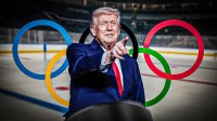 President Donald Trump with Olympics ring and hockey rink where Team USA defeated Canada for a gold medal.