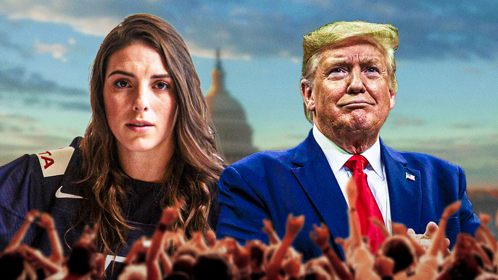 Team USA women's hockey team captain Hilary Knight, who helped her team win gold at the 2026 Winter Olympics, and President Donald Trump with US Capitol building, where the State of the Union (SOTU) address happens.
