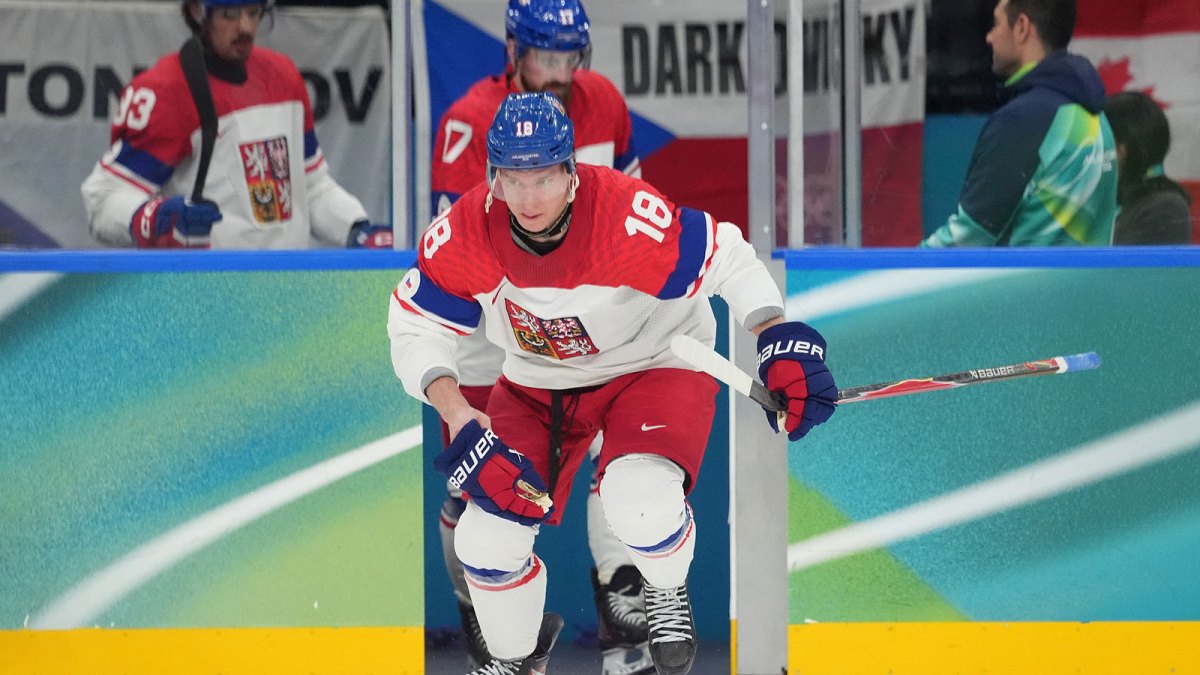 Ondrej Palat of Czech Republic enters the ice for the third period against Canada in a men's ice hockey quarterfinal during the Milano Cortina 2026 Olympic Winter Games at Milano Santagiulia Ice Hockey Arena.