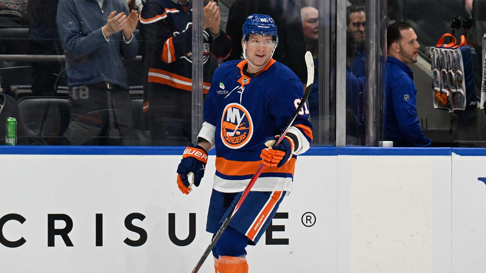 New York Islanders left wing Ondrej Palat (81) celebrates his goal against the New York Rangers during the first period at UBS Arena.