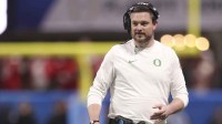 Oregon Ducks head coach Dan Lanning reacts during the first half of the 2025 Peach Bowl and semifinal game of the College Football Playoff against the Indiana Hoosiers at Mercedes-Benz Stadium.