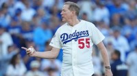 Los Angeles Dodgers former player Orel Hershiser reacts before throwing the ceremonial first pitch before game four of the 2025 MLB World Series between the Toronto Blue Jays and the Los Angeles Dodgers at Dodger Stadium.