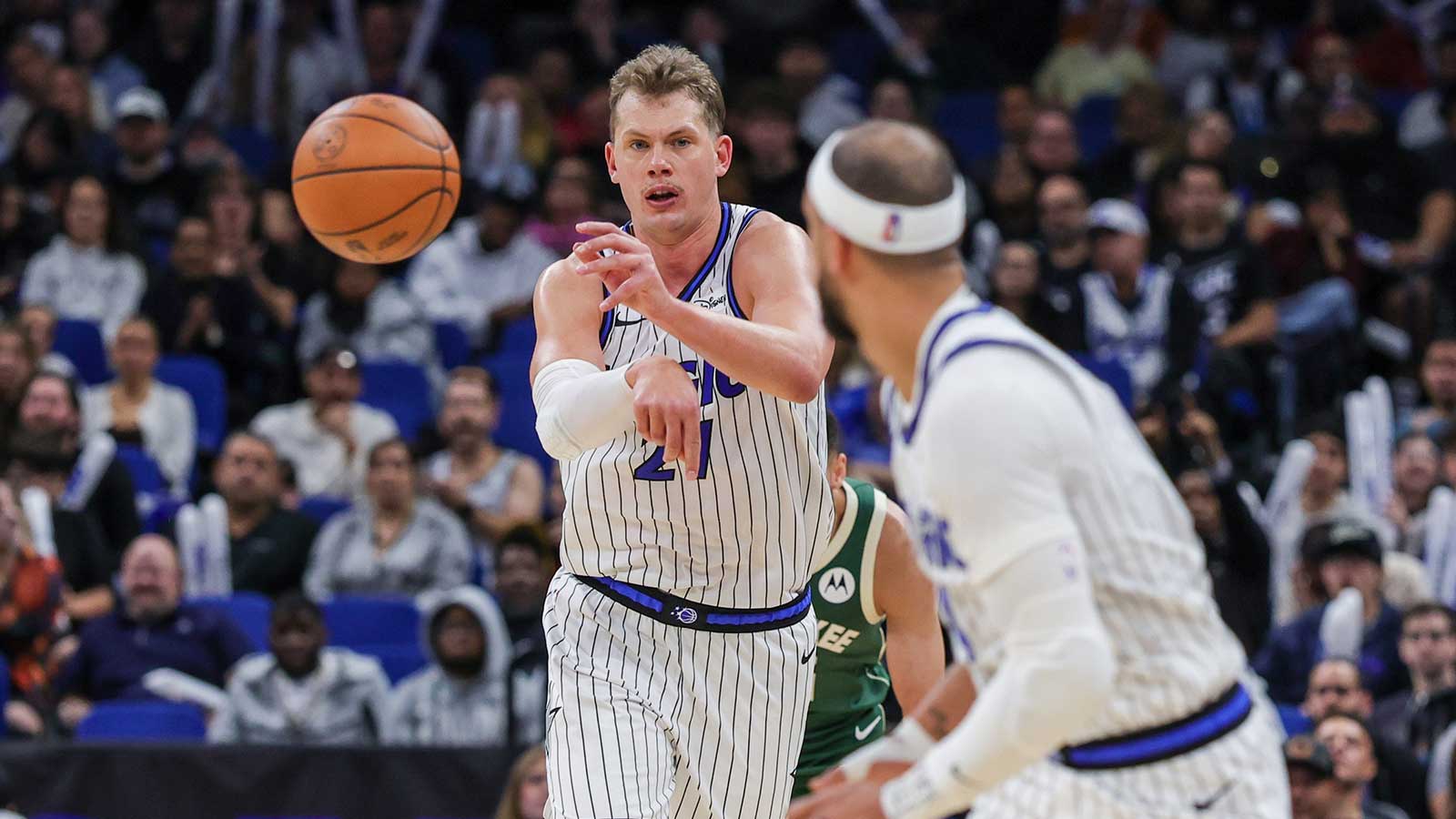 Orlando Magic forward Moritz Wagner (21) passes during the second half against the Milwaukee Bucks at Kia Center. 