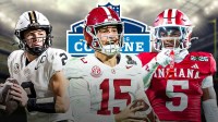 Alabama QB Ty Simpson, Vanderbilt QB Diego Pavia and Indiana CB D'Angelo Ponds. 2026 NFL Draft Combine logo behind them