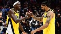 May 13, 2025; Cleveland, Ohio, USA; Indiana Pacers forward Pascal Siakam (43) celebrates with forward Obi Toppin (1) during the second half of game five against the Cleveland Cavaliers in the second round for the 2025 NBA Playoffs at Rocket Arena. Mandatory Credit: Ken Blaze-Imagn Images