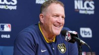 Milwaukee Brewers manager Pat Murphy (49) speaks in a press conference before game three against the Los Angeles Dodgers in the NLCS round for the 2025 MLB playoffs at Dodger Stadium.