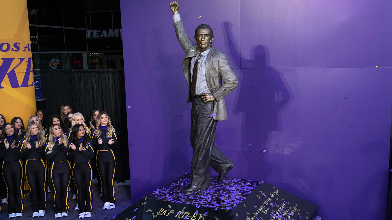 A statue of former Los Angeles Lakers coach Pat Riley is unveiled at the Crypto.com Arena.