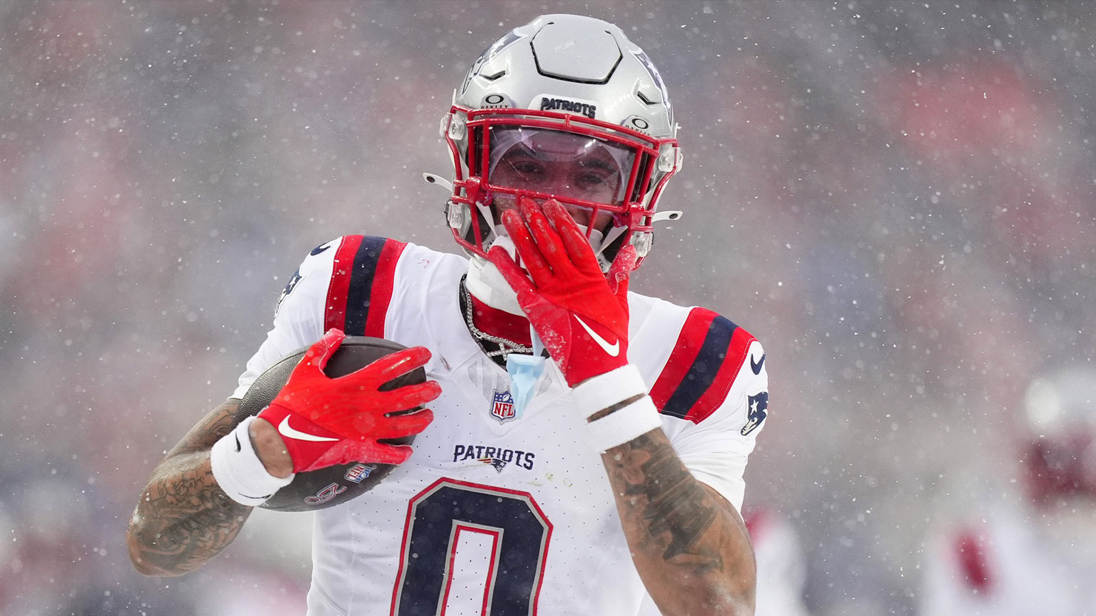 New England Patriots cornerback Christian Gonzalez (0) reacts after an interception against the Denver Broncos during the second half in the 2026 AFC Championship Game at Empowe