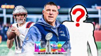 New England Patriots head coach Mike Vrabel with QB Drake Maye and a silhouette of an American football player with a big question mark emoji inside. There is also a logo for Super Bowl 60.