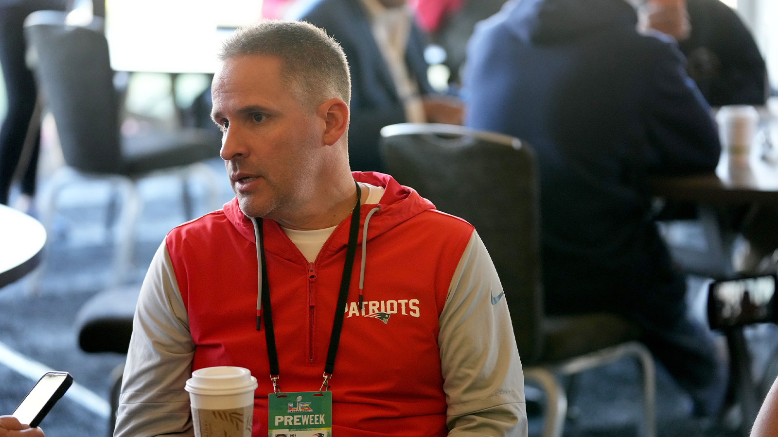 New England Patriots offensive coordinator Josh McDaniels speaks to the media at the Santa Clara Marriott.