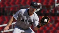 New York Yankees first baseman Paul Goldschmidt (48) fields a throw against the St. Louis Cardinals during the ninth inning at Busch Stadium.