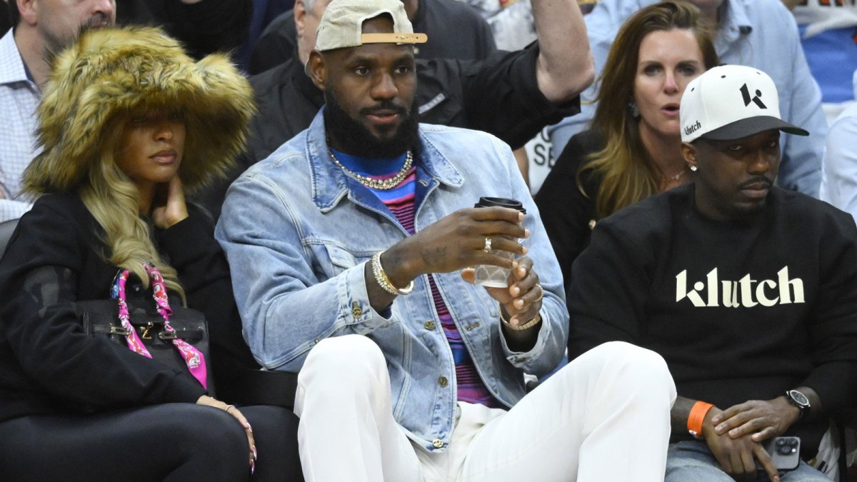 Savannah James, LeBron James and Rich Paul sit in the front in the fourth quarter of game four of the second round for the 2024 NBA playoffs between the Cleveland Cavaliers and the Boston Celtics at Rocket Mortgage FieldHouse.