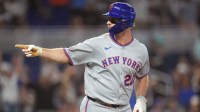 New York Mets first baseman Pete Alonso (20) celebrates his solo home run against the Miami Marlins in the third inning at loanDepot Park