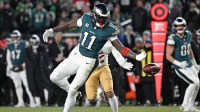 Philadelphia Eagles wide receiver A.J. Brown (11) can't make catch during the fourth quarter against the San Francisco 49ers in an NFC Wild Card Round game at Lincoln Financial Field.