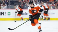 Philadelphia Flyers defenseman Rasmus Ristolainen (55) controls the puck against the Los Angeles Kings in the third period at Xfinity Mobile Arena.
