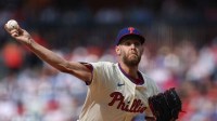 Philadelphia Phillies pitcher Zack Wheeler (45) throws a pitch against the Detroit Tigers during the first inning at Citizens Bank Park