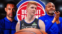 Pistons guard Kevin Huerter (front, center) with Pistons president Trajan Langdon and Pistons HC JB Bickerstaff. Detroit Pistons and NBA trade deadline logos behind them