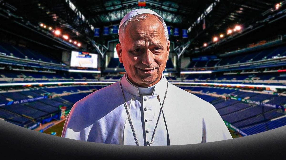 Chicago Bears fan Pope Leo with NFL Scouting Combine background.