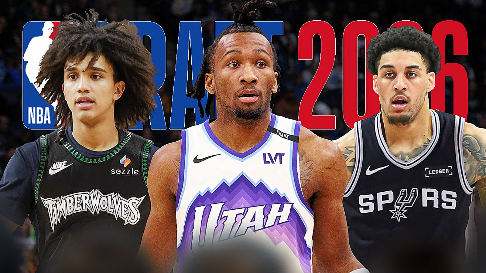 Darryn Peterson photoshopped in Kings jersey, Yaxel Lendeborg photoshopped in Spurs jersey, Tyler Tanner photoshopped in Timberwolves jersey. 2026 NBA Draft logo front and center.