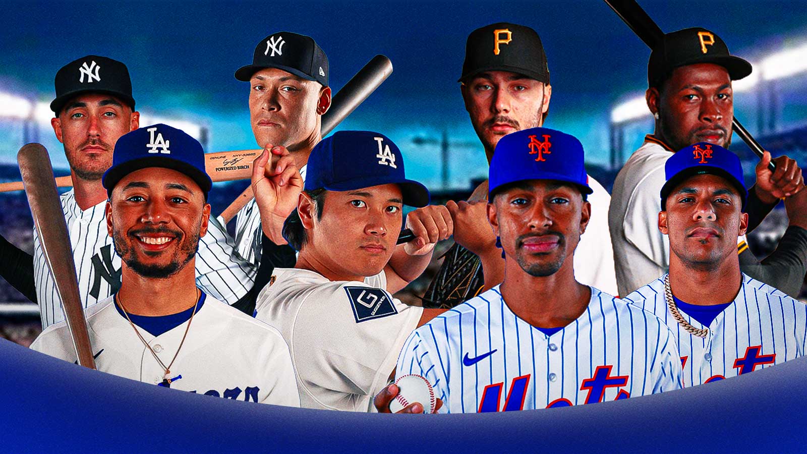 One corner is Shohei Ohtani and Mookie Betts, another corner is Aaron Judge and Cody Bellinger, a third corner is Juan Soto and Francisco Lindor, final corner is PauL Skenes and Oneil Cruz.