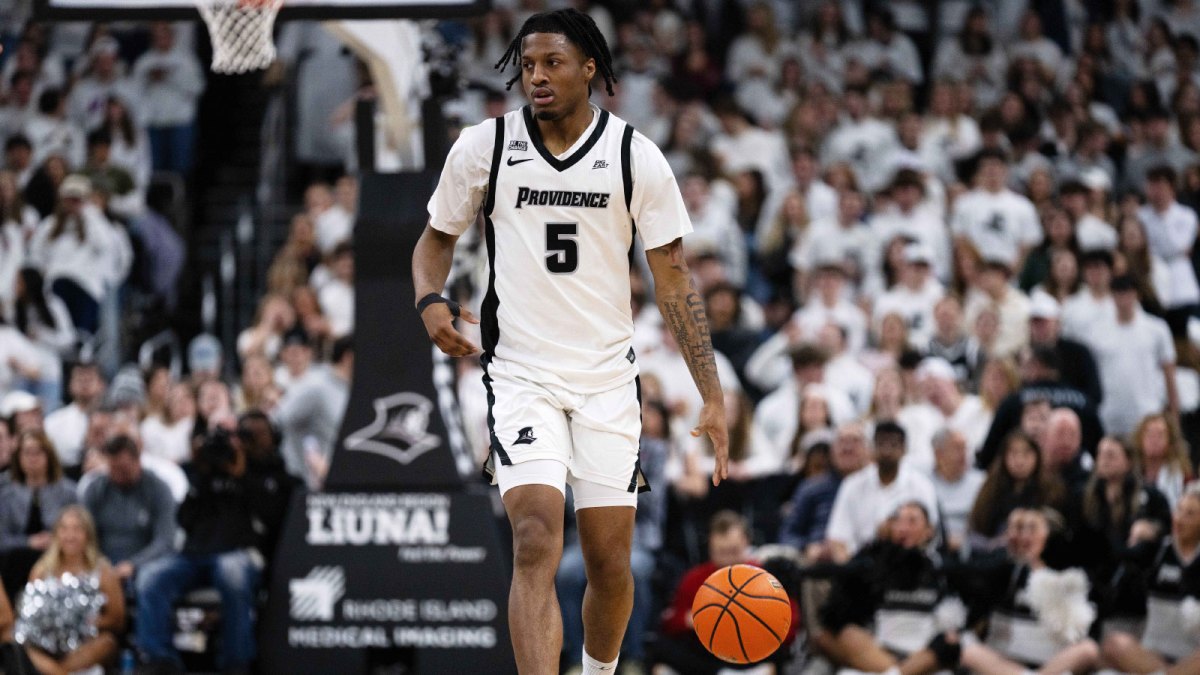 Providence College Friars forward Jamier Jones (5) dribbles during the first half of the game against the St. John’s University Red Storm at Amica Mutual Pavilion