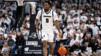 Providence College Friars forward Jamier Jones (5) dribbles during the first half of the game against the St. John’s University Red Storm at Amica Mutual Pavilion