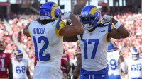 Los Angeles Rams wide receiver Puka Nacua (12) and Los Angeles Rams wide receiver Davante Adams (17) celebrate after a touchdown during the first quarter against the San Francisco 49ers at Levi's Stadium.