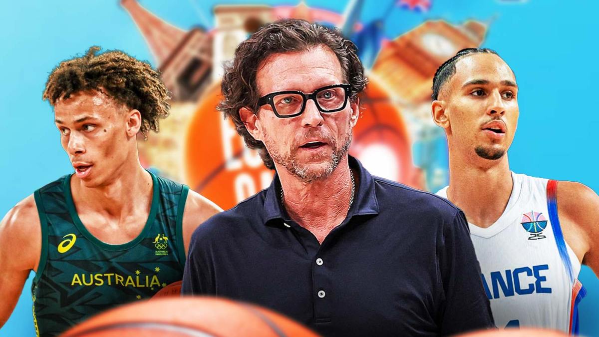 NBA Europe logo, Hawks coach Quin Snyder, Dyson Daniels (Australia uniform), Zaccharie Risacher (French uniform)
