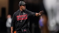 Atlanta Falcons head coach Raheem Morris on the sideline during the game against the New Orleans Saints during the second half at Mercedes-Benz Stadium.