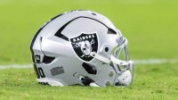 Detailed view of a Las Vegas Raiders helmet during a preseason NFL game at State Farm Stadium. Mandatory Credit: Mark J. Rebilas-Imagn Images