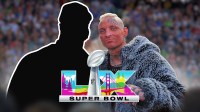 Silhouette of Swerve Strickland with Darby Allin; Super Bowl 60 logo
