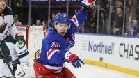New York Rangers left wing Artemi Panarin (10) celebrates after scoring a goal in the second period against the Minnesota Wild at Madison Square Garden.