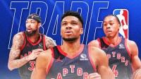 Giannis Antetokounmpo in a Toronto Raptors jersey, Scottie Barnes and Brandon Ingram around him, NBA Trade Deadline wallpaper in the background