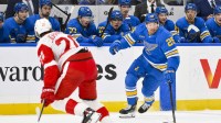St. Louis Blues right wing Jordan Kyrou (25) controls the puck against the Detroit Red Wings during the second period at Enterprise Center.