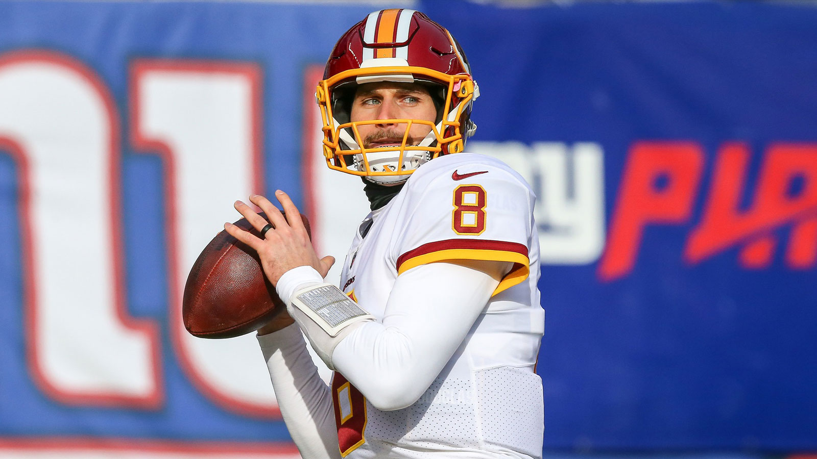 Washington Redskins quarterback Kirk Cousins (8) warms up prior to the game against the the New York Giants at MetLife Stadium.