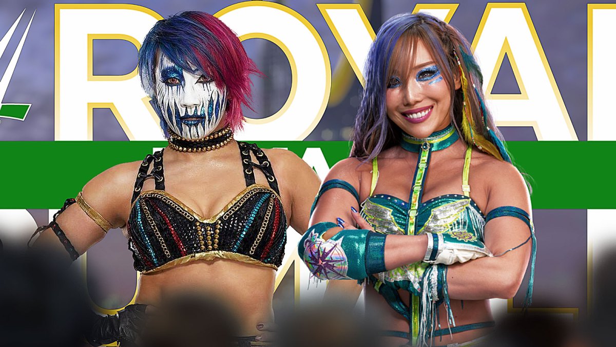 WWE stars Asuka and Kairi Sane with 2026 Royal Rumble logo.