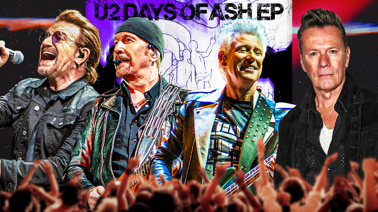 U2 members Bono, The Edge, Adam Clayton, Larry Mullen Jr, with Days Of Ash EP background.