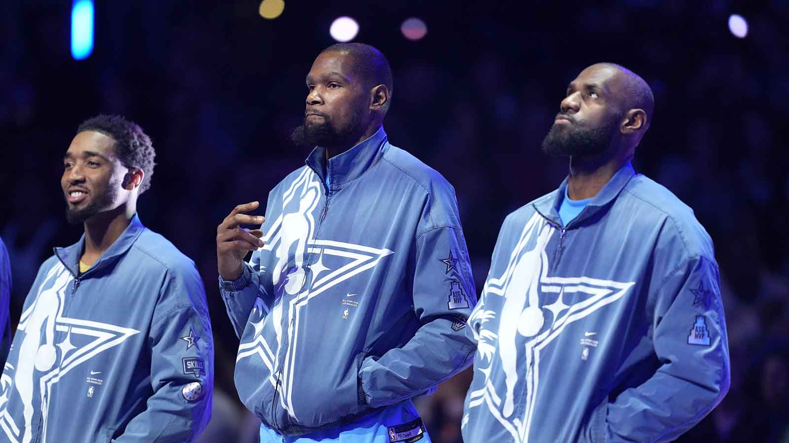 Kevin Durant (7) of the Houston Rockets reacts during the national anthem during the 75th NBA All Star Game at Intuit Dome