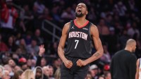 ; Houston Rockets forward Kevin Durant (7) celebrates after scoring in the third quarter against the New York Knicks at Madison Square Garden.