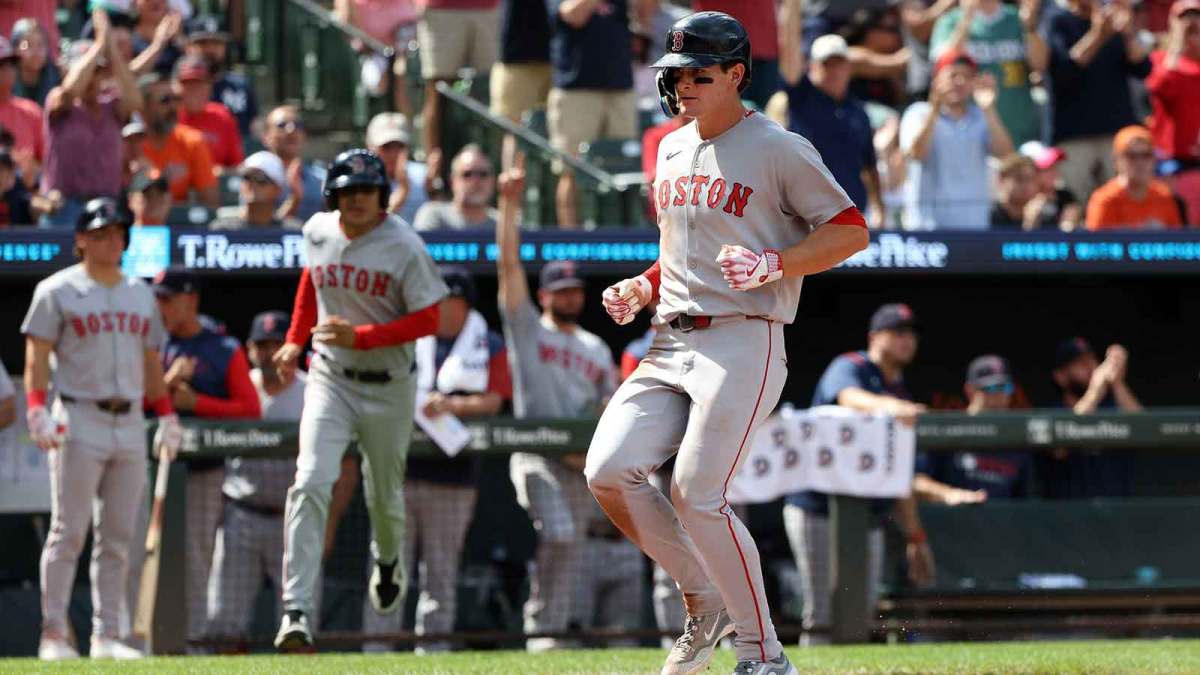 Boston Red Sox outfielder Roman Anthony (19) scores a run during the eighth inning against the Baltimore Orioles at Oriole Park at Camden Yards