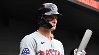 Boston Red Sox outfielder Roman Anthony (19) stands in the dugout before the game between the Baltimore Orioles and the Boston Red Sox at Oriole Park at Camden Yards.