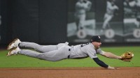 New York Yankees third baseman Ryan McMahon (19) dives and fields ground ball hit by St. Louis Cardinals shortstop Masyn Winn (not pictured) during the ninth inning at Busch Stadium.