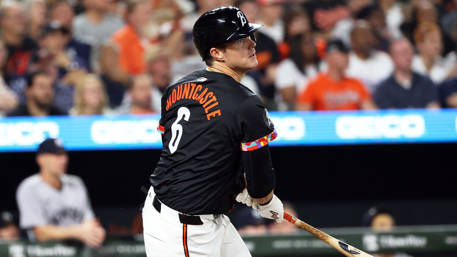 Baltimore Orioles first baseman Ryan Mountcastle (6) hits a sacrifice fly to score a run during the sixth inning against the New York Yankees at Oriole Park at Camden Yards. 