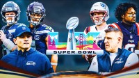 Super Bowl LX logo in the front middle ON LEFT: Seahawks' Mike Macdonald, Sam Darnold, Jaxon Smith-Njigba ON RIGHT: Patriots' Mike Vrabel, Drake Maye, Stefon Diggs