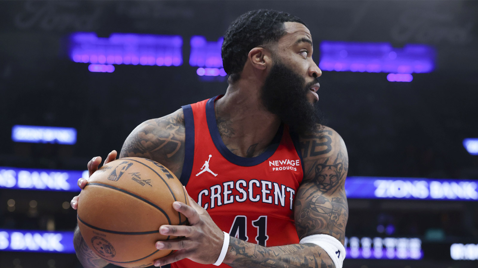 New Orleans Pelicans guard Saddiq Bey (41) holds the ball against the Utah Jazz during the first half at Delta Center.