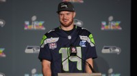Seattle Seahawks quarterback Sam Darnold (14) talks to media members at the San Jose Marriott.