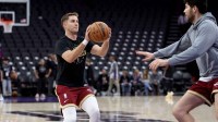 Cleveland Cavaliers guard Sam Merrill (5) warms up before the game against the Sacramento Kings at Golden 1 Center. Mandatory Credit: Dennis Lee-Imagn Images
