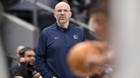 Dallas Mavericks head coach Jason Kidd looks on during the first quarter against the San Antonio Spurs at the American Airlines Center.