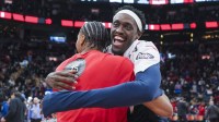 Indiana Pacers forward Pascal Siakam (43) hugs Toronto Raptors forward Scottie Barnes (4) after being defeated by the Toronto Raptors at Scotiabank Arena.