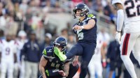 Seattle Seahawks place kicker Jason Myers (5) kicks a field goal against the New England Patriots during the first quarter in Super Bowl LX at Levi's Stadium.